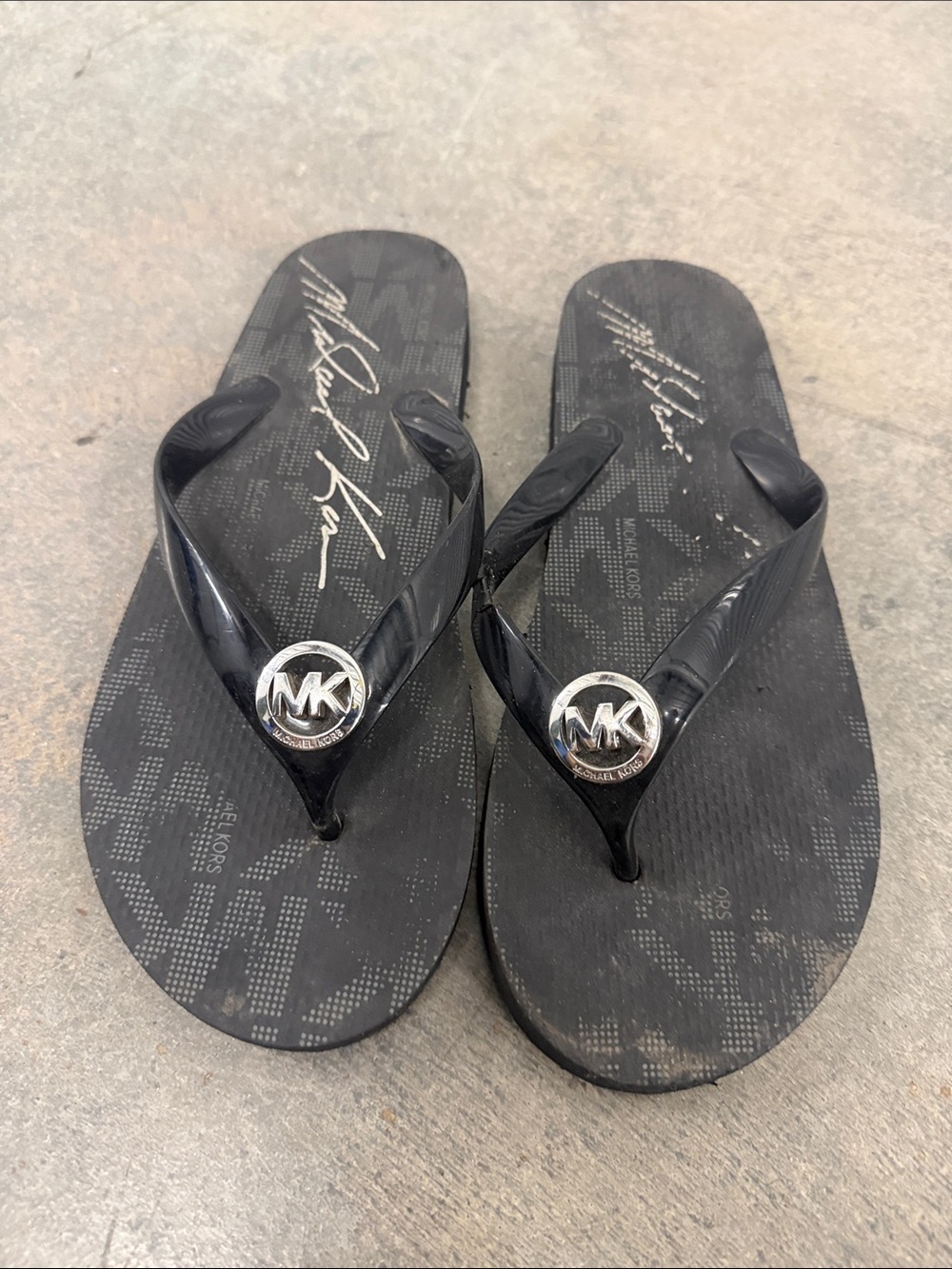 Michael Kors Black Logo MK Thong Sandals with Silver Medallions